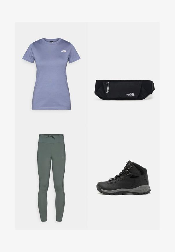 Világoslila, rövid ujjú pamut póló, kerek nyakkivágással és egy apró fehér logóval a mellrészen. Simább textúra.; Magas derekú leggings, tompított zöld színben, rugalmas anyagból készült, sima felülettel és lapos varrásokkal; állítható derékzsinórral rendelkezik.; Fekete túracipő közepes magasságú kialakítással, texturált felsőrésszel, szürke részletekkel és strapabíró gumitalppal, amelynek tapadós kiemelkedései vannak.; The North Face SUNRISER RUN BELT UNISEX - Övtáska - black/white