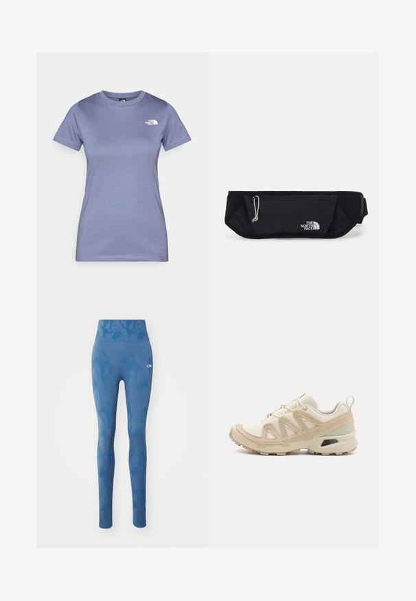 Svetlo vijoličasta majica s kratkimi rokavi iz bombaža, z okroglo ovratnico in majhnim belim logotipom na prsih. Gladka tekstura.; Modre leggins hlače z teksturiranim vzorcem, visokim pasom in diskretno oznako ob strani. Narejene so iz raztegljive tkanine za udobje.; Bež in krem športni čevlji z teksturiranim mrežastim zgornjim delom, podpornimi prekrivali in gumijastim podplatom z vzorcem za oprijem.; The North Face SUNRISER RUN BELT UNISEX - Torbica za okoli pasu - black/white