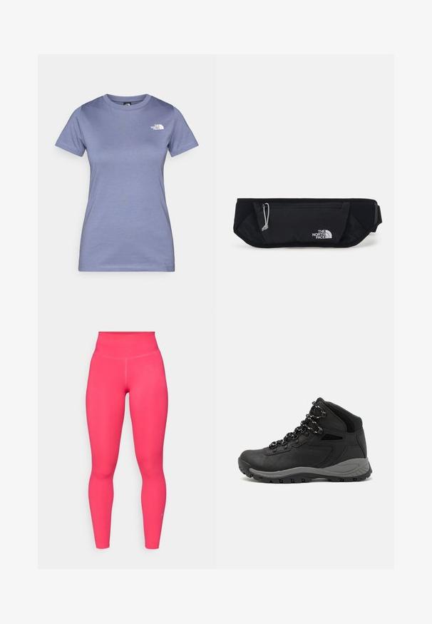 Lys lilla kortermet t-skjorte laget av bomull, med rund hals og en liten hvit logo på brystet. Glatt tekstur.; Tettsittende leggings i livlig rosa. Laget av glatt, elastisk stoff med høy midje. Har et lite logo i den nedre delen av benet.; Sorte turstøvler med mid-topp design, som har en teksturert overdel, grå detaljer og slitesterk gummisåle med godt grep.; The North Face SUNRISER RUN BELT UNISEX - Rumpetaske - black/white