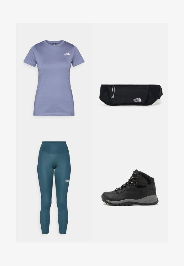 Hellblaues kurzärmliges T-Shirt aus Baumwolle mit rundem Ausschnitt und kleinem weißen Logo auf der Brust. Schmusetextur.; Türkise, hoch taillierte Leggings aus dehnbarem Material. Sie haben ein kleines weißes Logo auf der linken Seite und genähte Details entlang der Nähte.; Schwarzer Wanderstiefel mit einem mittelhohen Design, ausgestattet mit einer strukturierten Oberfläche, grauen Akzenten und einer robusten Gummisohle mit Profilstollen.; The North Face SUNRISER RUN BELT UNISEX - Gürteltasche - black/white