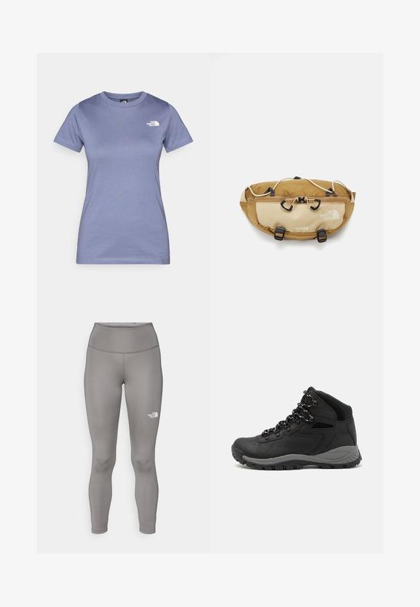 Šviesiai violetinė trumpomis rankovėmis marškinėliai, pagaminti iš medvilnės, su apvaliu iškirpimu ir mažu baltu logotipu ant krūtinės. Lygi tekstūra.; Pilkos leggingai, pagaminti iš tamprios medžiagos, turi aukštą juosmenį ir balta spalva esantį "Northern Face" logotipą kairėje kojyje.; Juodas žygio botas su vidutinio aukščio dizainu, pasižymintis tekstūruota viršutine dalimi, pilkų akcentų ir patvaria guma padanga su sukibimo gumbais.; The North Face TERRA LUMBAR 3L UNISEX - Diržinis krepšelis - utility brown/khaki stone