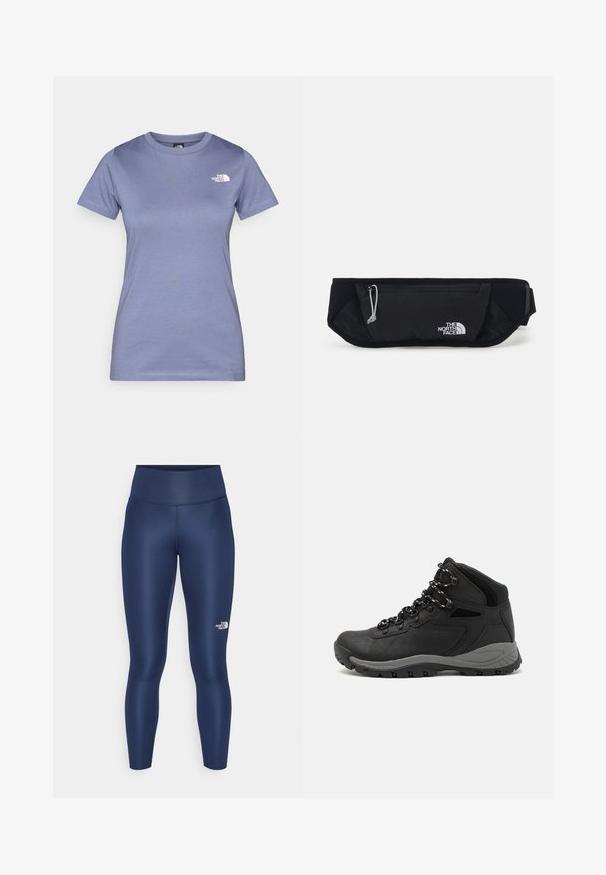 Tricou scurt din bumbac, de culoare violet deschis, cu guler rotund și un mic logo alb pe piept. Textură netedă.; Leggings de culoare bleu marin, realizate dintr-un material elastic, având o talie înaltă și un detaliu cu logo alb pe partea stângă a gambei. Textură netedă, design ajustat.; Botă de drumeție neagră cu un design mediu, având un material texturat, accente gri și o talpă din cauciuc durabilă cu crampoane pentru aderență.; The North Face SUNRISER RUN BELT UNISEX - Borsetă - black/white