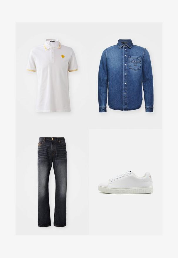 Polo blanca hecha de algodón con acentos a rayas amarillas en el cuello y las mangas, que presenta un logo bordado en el pecho.; Camisa de mezclilla en azul oscuro con mangas largas, cuello abotonado, bolsillo frontal con el logo de "Versace" y detalles de costura visibles.; Vaqueros azul oscuro de corte recto, con efecto desgastado, costuras naranjas y una bragueta con cremallera y cierre de botón.; Zapatilla blanca con parte superior de cuero liso, cordones planos y suela de goma con patrón que presenta un diseño geométrico. Sutil acento de logo en el lateral.
