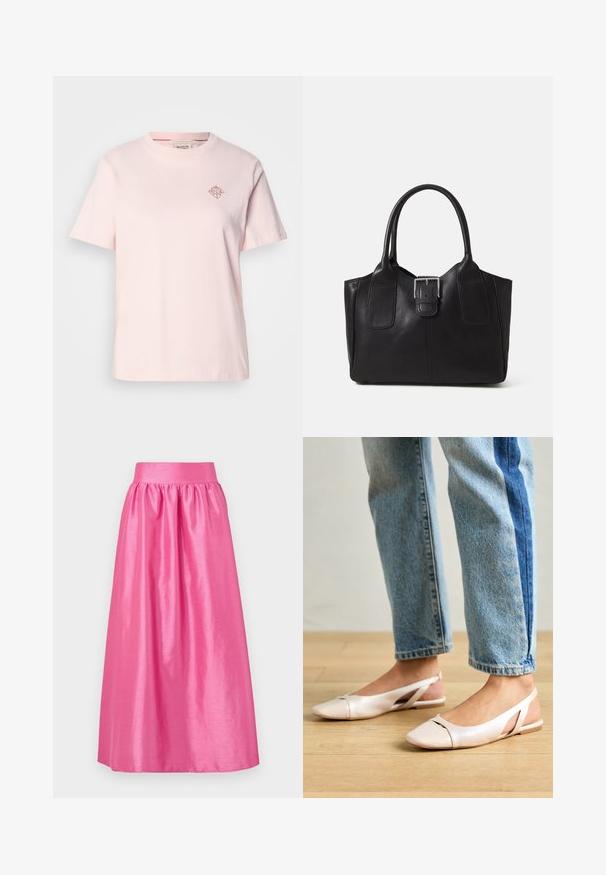 Svetlo roza bombažna majica s kratkimi rokavi in okroglim izrezom, s majhnim logotipom v obliki diamanta v kontrastni barvi na prsih.; Dolga, roza satenasta krilna obleka z zbranim pasom in tekoče silhuete. Gladka tekstura z sijočim videzom.; Svijetloružičaste slingback balerinke s šiljastim nožnim prstima, napravljene od glatkog materijala nalik koži. Imaju izrezane detalje sa strane i ravne pete.; Črna usnjena torba s gladko teksturo, strukturirano obliko, dvema ročkama in izrazitim srebrnim sponko na sprednji strani.