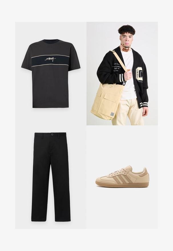 Mustade lühikeste varrukatega puuvillane T-särk, millel on horisontaalne tumesinine triip valge äärisega ja stiliseeritud tekst, mis on triibu keskel.; Mustadest puuvillast püksid sirge lõikega, tavalise vöökohtade, vöörihmade ja ühe nupuga kinnitusega. Sile tekstuur, ilma mustriteta.; Bež nahkased sporditossud kolme horisontaalse triibuga, ümmargune varvas, lame pruun kummitald ning pehme kangast vooder krael ja keeletel.; Beež sõnumikott kahe esifookusega, valmistatud kangast. Ülekaaluline must kardigan valgete ribadega ja tikanditekstiga.