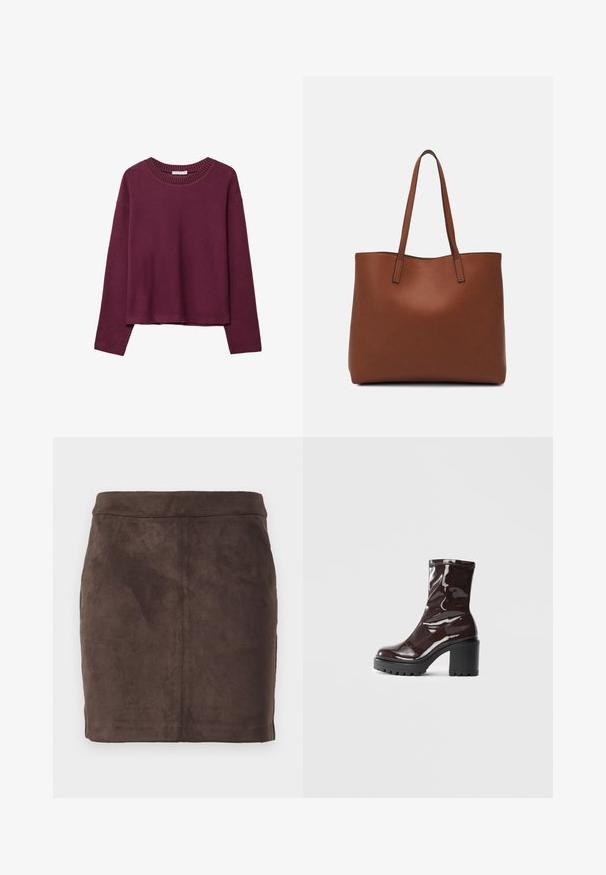 Burgundijska dukserica dugih rukava, rebrasti okrugli izrez, opušteni kroj, mekana tekstura i spuštena ramena, s minimalističkim dizajnom i bez uzoraka.; Smeđa antilop mini suknja s glatkom teksturom, suženi dizajn i ravni pojas, s vertikalnim šavovima za strukturu.; Sjajna burgundska čizma do gležnja s debelim crnim potplatom, koja se odlikuje glatkom teksturom i jednostavnim dizajnom. Nema vidljivih kopčanja ili uzoraka.; Smeđa kožna torba preko ramena s glatkom teksturom, otvorenim vrhom i dvjema naramenicama. Ima minimalne šavove i nema vidljivog hardvera.