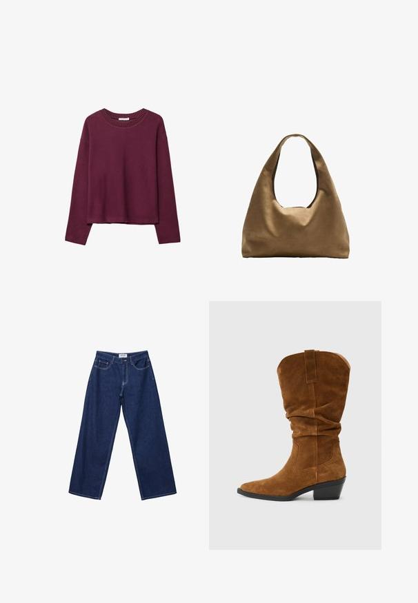 Maglione bordeaux a maniche lunghe, con scollatura rotonda a coste, vestibilità ampia, texture morbida e spalle scese, dal design minimalista e senza fantasie.; Jeans in denim blu scuro a gamba larga con chiusura a bottone, cinque tasche e cuciture bianche a contrasto. Il tessuto ha una finitura liscia e leggermente texturizzata.; Stivale da cowboy in suede marrone con un design slouchy, punta appuntita e tacco a blocco. Presenta dettagli di cucitura e un'etichetta sul retro.; Borsa a spalla in tessuto marrone con un corpo ampio e arrotondato e una grande maniglia a taglio. Texture morbida, design minimalista e senza hardware visibile.
