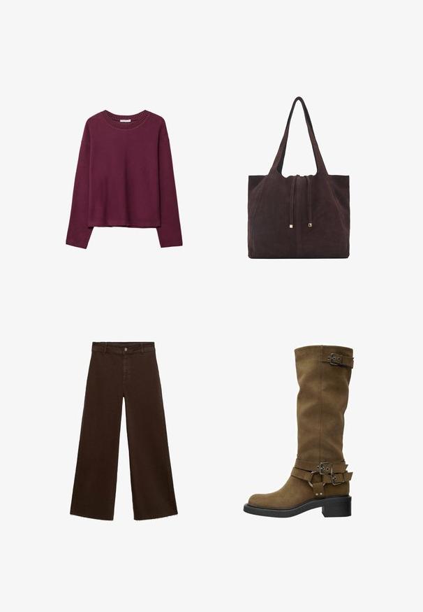 Burgundska dolga majica z dolgimi rokavi, rebrast okrogel izrez, sproščen kroj, mehka tekstura in spuščena ramena, z minimalističnim dizajnom brez vzorcev.; Rjave široke hlače iz mešanice bombaža, z raztrganim robom, sprednjim gumbom in klasičnim dizajnom s petimi žepi. Minimalistične in vsestranske.; Visok rjav semiš škornj z zaobljenim nosom, črnim gumijastim podplatom in okrasnimi sponkami okoli zgornjega dela in gležnja. Gladka tekstura, brez vidnih vzorcev.; Mango Torba za nakupovanje - dark brown