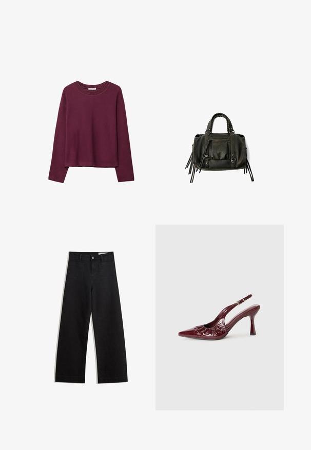Burgundska dolga majica z dolgimi rokavi, rebrast okrogel izrez, sproščen kroj, mehka tekstura in spuščena ramena, z minimalističnim dizajnom brez vzorcev.; Črne široke denim hlače z visokim pasom, ki imajo sprednje in zadnje žepe, šivane šive ter gumbasto zapiranje. Gladka tekstura.; Burgundske lakirane salonarji s peto, koničastim nosom in nagubanimi detajli, z ozko peto in nastavljivim gležnjevim pasom.; Črna usnjena torba s pletenimi ročaji, žepom na zadrgo in visečimi resicami. Teksturična površina z kovinskimi okrasnimi studenčki in dodatki iz kovine.