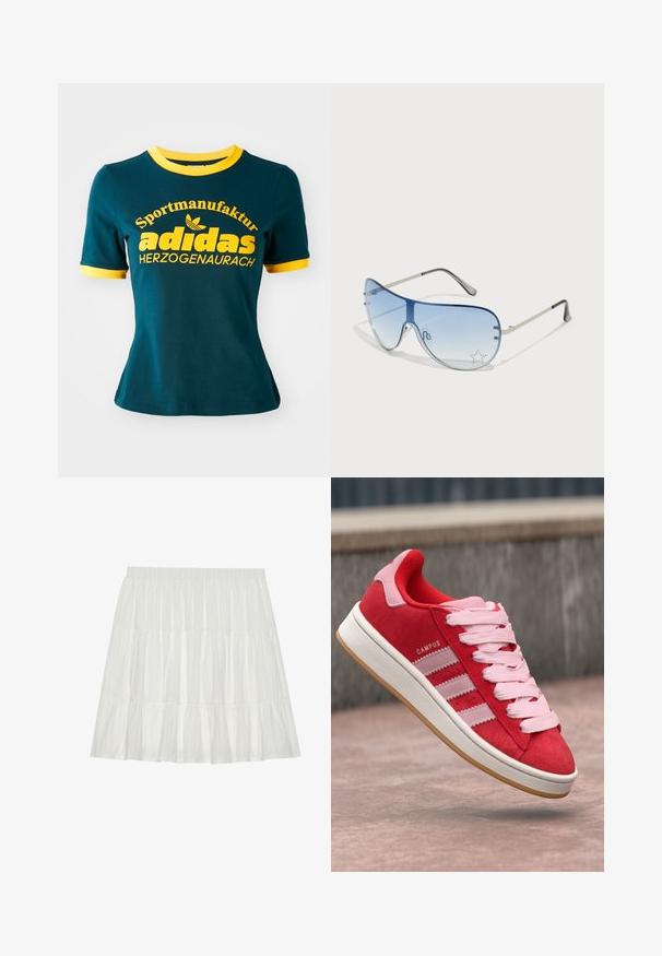Teal cotton t-shirt with yellow ribbed collar and cuffs. Features large yellow text: "Sportmanufaktur adidas HERZOGENAURACH" and logo.; White, tiered skirt with a textured finish. Features an elastic waistband and layered ruffles, creating a flowy silhouette.; Red suede sneaker with pink accents, featuring three white stripes and light pink laces. White midsole and gum rubber outsole.; Aviator sunglasses featuring a gradient blue lens, silver metal frame, and decorative star accents on the lens. Smooth and sleek design.