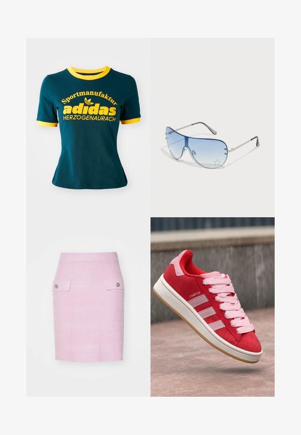 Teal cotton t-shirt with yellow ribbed collar and cuffs. Features large yellow text: "Sportmanufaktur adidas HERZOGENAURACH" and logo.; Light pink, textured knee-length skirt with a grid pattern, featuring two front pockets and decorative buttons on each pocket.; Red suede sneaker with pink accents, featuring three white stripes and light pink laces. White midsole and gum rubber outsole.; Aviator sunglasses featuring a gradient blue lens, silver metal frame, and decorative star accents on the lens. Smooth and sleek design.