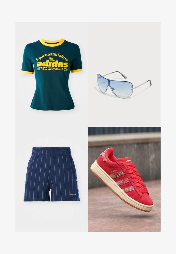 Tyrkysové bavlněné tričko s žlutým žebrovaným límečkem a manžetami. Obsahuje velký žlutý text: "Sportmanufaktur adidas HERZOGENAURACH" a logo.; Námořnické modré šortky s bílými proužky, elastickým pasem a logem Adidas. Mají modré akcenty po stranách a jsou vyrobeny ze směsi bavlny.; Červené semišové tenisky s květinovým vzorem, třípruhovým designem, texturovanými tkaničkami a krémovou gumovou podrážkou. Zlatý detail loga "CAMPUS".; Pilotské sluneční brýle s modrými gradientními skly, stříbrným kovovým rámem a dekorativními hvězdnými akcenty na sklech. Hladký a elegantní design.