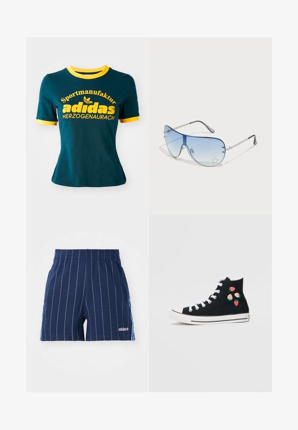 Tyrkysové bavlnené tričko s žltým rebrovaným golierom a manžetami. Obsahuje veľký žltý nápis: "Sportmanufaktur adidas HERZOGENAURACH" a logo.; Námornícke modré šortky s bielymi pruhmi, elastický pás a logo Adidas. Obsahujú modré akcenty po stranách, vyrobené z bavlneného zmesi.; Converse CHUCK TAYLOR ALL STAR - Vysoké tenisky - black/soft red/green; Pilotné slnečné okuliare s prechodovým modrým sklom, strieborným kovovým rámom a ozdobnými hviezdičkovými akcentmi na sklách. Hladký a elegantný dizajn.