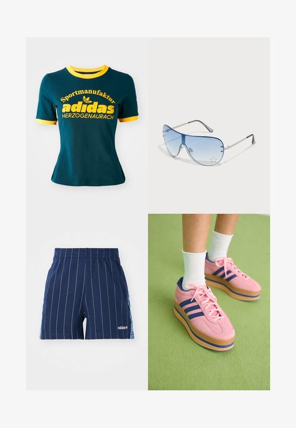 Camiseta de algodão verde-água com colarinho e punhos canelados amarelos. Apresenta um grande texto amarelo: "Sportmanufaktur adidas HERZOGENAURACH" e logotipo.; Calções azul marinho com riscas brancas, cintura elástica e logótipo Adidas. Possui pormenores azuis nas laterais, feitos em material de mistura de algodão.; Ténis de plataforma rosa em camurça com riscas azuis e atilhos rosa. Sola grossa em tom de bege com realce azul. Usados com meias brancas até ao tornozelo sobre uma superfície verde.; Óculos de sol aviador com lentes azuis em degradê, armação metálica prateada e detalhes decorativos de estrelas nas lentes. Design suave e elegante.
