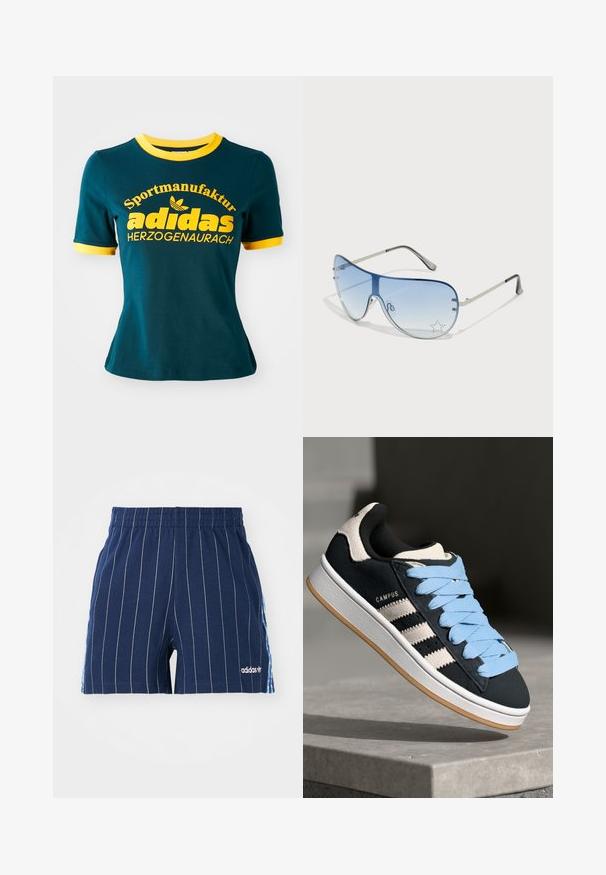 Tricou din bumbac teal cu guler și manșete ribbed galbene. Prezintă un text mare galben: „Sportmanufaktur adidas HERZOGENAURACH” și logo.; Şorturi bleumarin cu dungi albe, talie elastică și logo-ul Adidas. Prezintă accente albastre pe părțile laterale, fabricate dintr-un material din amestec de bumbac.; Sneakers din suede negru cu sireturi albastre deschise, trei dungi albe pe lateral și o talpă din cauciuc. Logo-ul "CAMPUS" aproape de călcâi.; Ochelari de soare aviator cu lentilă gradient albastră, ramă metalică argintie și accente decorative sub formă de stele pe lentilă. Design neted și elegant.