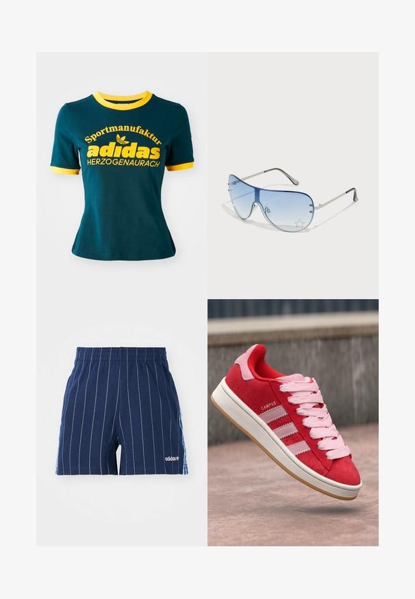 Teal bomull t-skjorte med gul ribbestrikket krage og ermer. Har stor gul tekst: "Sportmanufaktur adidas HERZOGENAURACH" og logo.; Mørkeblå shorts med hvite striper, elastisk midje og Adidas-logo. Har blå detaljer på sidene, laget av en bomullsblanding.; Røde semskede joggesko med rosa detaljer, med tre hvite striper og lyserosa snører. Hvit såle og gummisåle.; Pilotbriller med gradient blå linse, sølvfarget metallramme og dekorative stjerneaksenter på linsen. Glatt og stilren design.