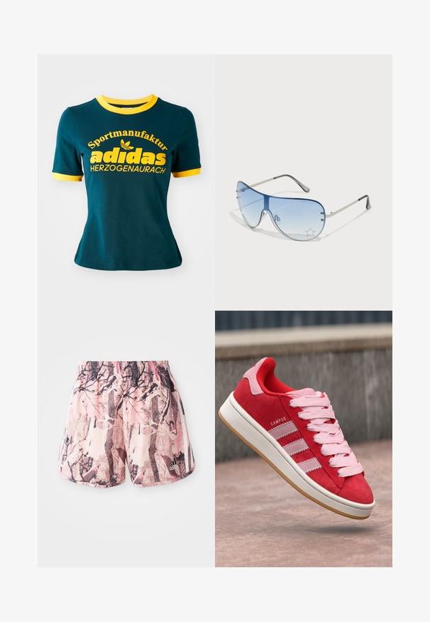 Tēja kokvilnas T-kreklu ar dzeltenu ribotu apkakli un piedurknēm. Satur lielu dzeltenu tekstu: "Sportmanufaktur adidas HERZOGENAURACH" un logotipu.; Rozā un brūnas rakstainas šorti ar elastīgu jostasvietu un sānu svītrām, kas piedāvā grafisku dizainu, kas atgādina lapotnes un zarus.; Sarkanie zamšas sporta apavi ar rozā akcentiem, tiem ir trīs baltas svītras un gaiši rozā auklas. Balta starpsole un gumijas zole.; Pilotstila saulesbrilles ar gradienta zilām lēcām, sudraba metāla rāmjiem un dekoratīvām zvaigžņu akcentiem uz lēcām. Gluda un eleganta dizaina.