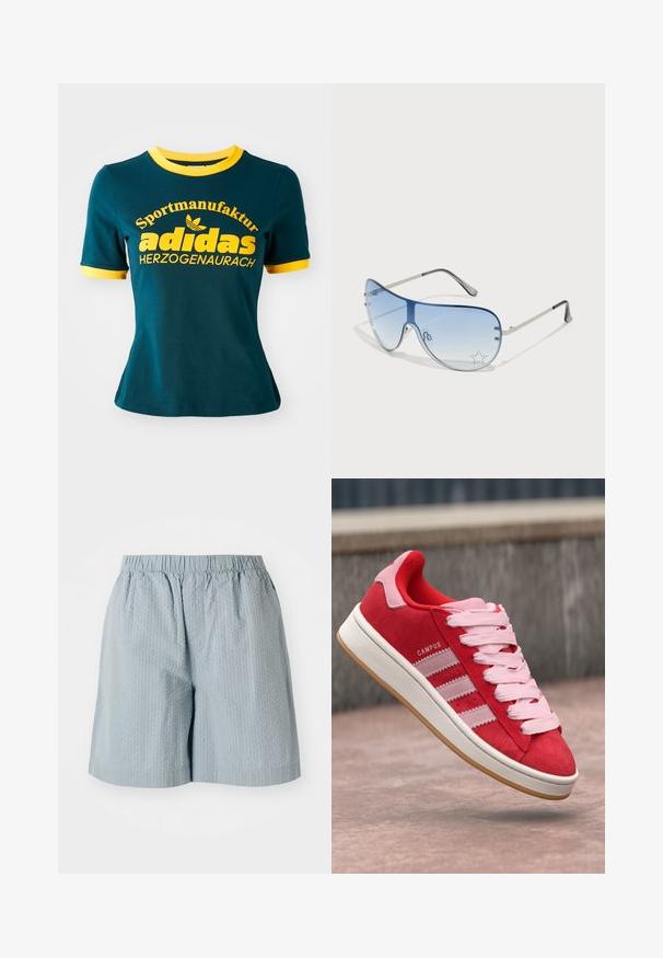 Turkizna bombažna majica s prosojnim ovratnikom in manšeti v rumeni barvi. Ima velik rumen napis: "Sportmanufaktur adidas HERZOGENAURACH" in logotip.; Svetlo modri, teksturirani šorti z elastičnim pasom, ki imajo sproščen kroj in brez vidnih žepov ali kovinskih delov.; Rdeče semaforice iz usnja s rožnatimi poudarki, s tremi belimi črtami in svetlo rožnatimi vezalkami. Bele srednje podplate in gumijasti podplat.; Pilotne sončne očala z gradijentnimi modrimi lečami, srebrnim kovinskim okvirjem in okrasnimi zvezdastimi detajli na lečah. Gladek in eleganten dizajn.