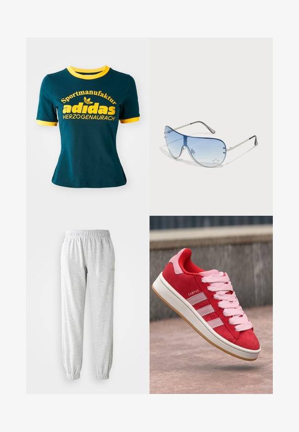 Teal-cotton t-shirt med gul ribbad krage och manschetter. Har stor gul text: "Sportmanufaktur adidas HERZOGENAURACH" och logotyp.; Ljusgrå sweatpants i mjukt tyg, med elastisk midja och avsmalnande mudd. Inga ytterligare mönster eller detaljer.; Röd mockaskor med rosa detaljer, med tre vita ränder och ljusrosa snören. Vit mellansula och gummisula.; Pilotglasögon med gradientblå linser, silverfärgad metallram och dekorativa stjärnaccenter på linserna. Snygg och elegant design.