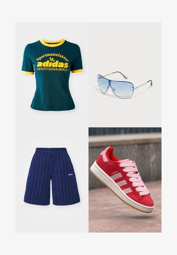 Teal bomull t-skjorte med gul ribbestrikket krage og ermer. Har stor gul tekst: "Sportmanufaktur adidas HERZOGENAURACH" og logo.; Marineblå shorts med hvite vertikale striper, laget av bomull, med beltehemper i livet og et brodert logo på venstre søm.; Røde semskede joggesko med rosa detaljer, med tre hvite striper og lyserosa snører. Hvit såle og gummisåle.; Pilotbriller med gradient blå linse, sølvfarget metallramme og dekorative stjerneaksenter på linsen. Glatt og stilren design.