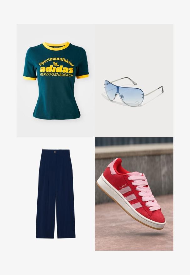 Teal pamučna majica s žutim rebrastim ovratnikom i manžetama. Ima veliki žuti natpis: "Sportmanufaktur adidas HERZOGENAURACH" i logo.; Tamno plave široke hlače od mekane tkanine, s prednjim naborima, zatvaranjem na gumb i dva bočna džepa.; Crvene nubuk tenisice s ružičastim naglascima, s tri bijele pruge i svijetloružičastim vezicama. Bijela srednja platforma i gumeni potplat u boji gume.; Naočale tipa avijatičar s gradijentnim plavim staklima, okvirom od srebrnog metala i dekorativnim zvjezdastim naglascima na staklima. Glatki i elegantni dizajn.