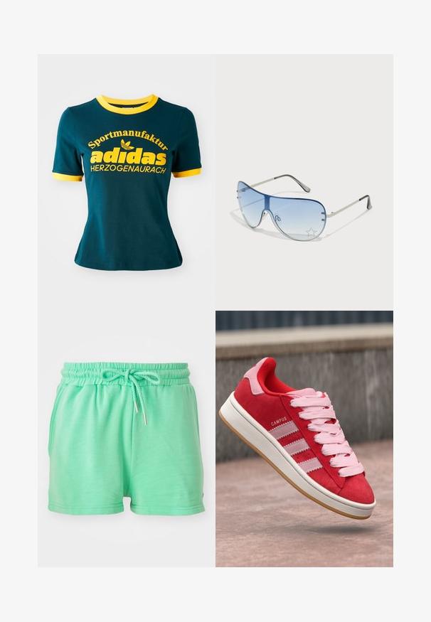 Teal bomulds t-shirt med gul ribbet krave og manchetter. Har stor gul tekst: "Sportmanufaktur adidas HERZOGENAURACH" og logo.; Mintgrønne shorts lavet af blødt materiale, med elastisk talje med justerbar snor og sidelommer.; Røde ruskinds sneakers med pink accenter, prydet med tre hvide striber og lyserøde snørebånd. Hvid mellemsål og gummisål.; Aviator-solbriller med gradient blå linser, sølvmetalramme og dekorative stjerneakcenter på linserne. Glat og strømlinet design.