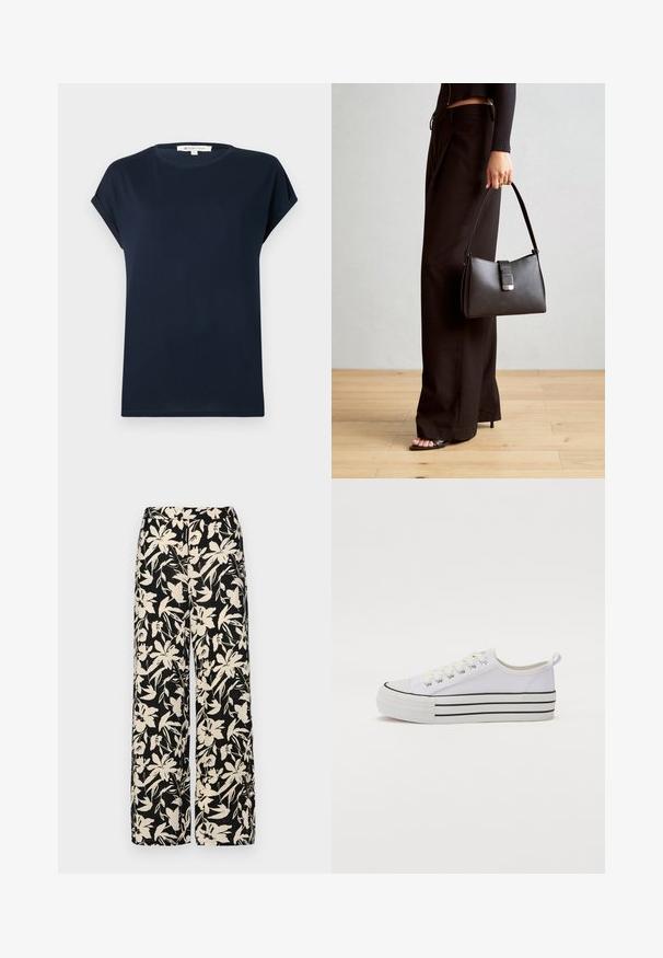 Granatowa koszulka z krótkim rękawem, wykonana z miękkiej tkaniny. Posiada okrągły dekolt i podwinięte mankiety, a dół jest prosty.; Czarne spodnie wide-leg z kremowym kwiatowym wzorem. Wykonane z lekkiego materiału, o gładkiej teksturze i wysokim staniku.; Białe trampki na płaskiej podeszwie z zaokrąglonym czubkiem, czarną podeszwą i poziomymi czarnymi paskami. Posiadają sznurówki oraz pętelkę na pięcie, co ułatwia zakładanie.; Czarna torebka o usztywnionym kształcie, gładkiej fakturze i metalowym zapięciem. Połączona z szerokimi czarnymi spodniami i sandałami na otwartym palcu na drewnianej podłodze.