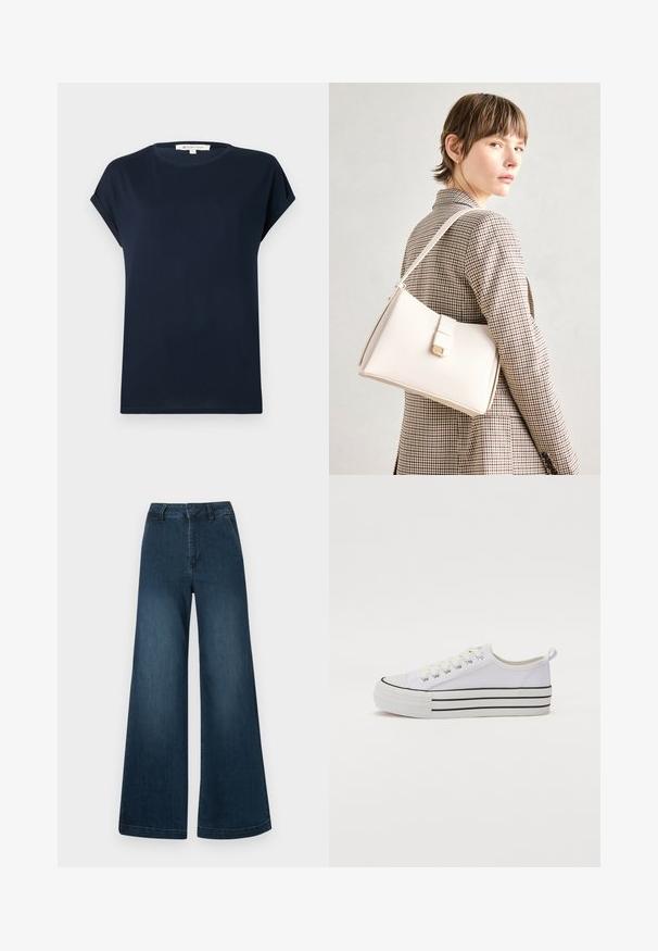 Navyblauwe t-shirt met korte mouwen van zachte stof. Heeft een ronde halslijn en omgeslagen mouwen, met een rechte snit aan de onderkant.; Donkerblauwe hoge taille wijde spijkerbroek met front pockets en riemlussen op een witte achtergrond.; Witte canvas sneaker met een ronde neus, zwarte buitenzool en horizontale zwarte streepdetails. Voorzien van veters en een lus bij de hak voor gemakkelijk aan- en uittrekken.; Witte leren handtas met een gestructureerd ontwerp, voorzien van een magneetsluiting en een schouderriem, tentoongesteld tegen een neutrale achtergrond.