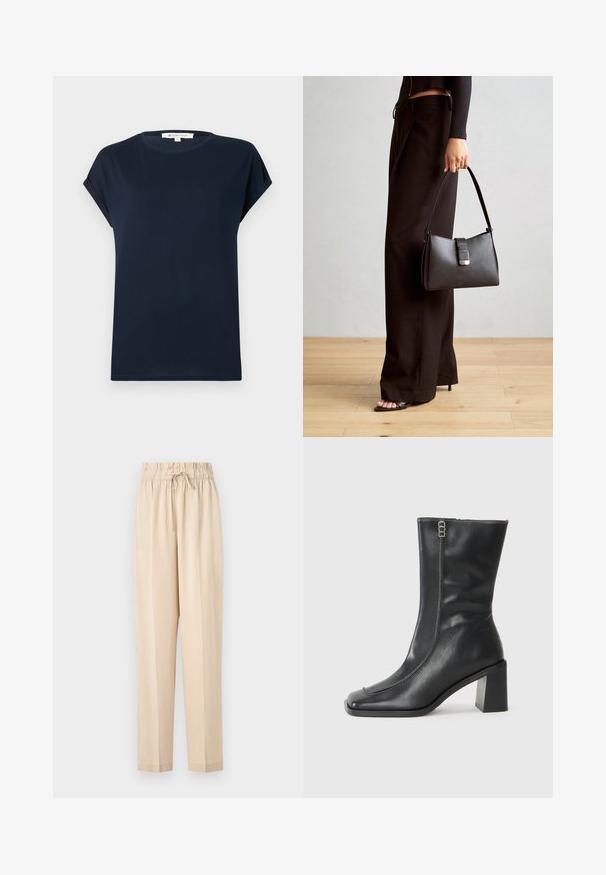 Tricou bleumarin cu mâneci scurte, realizat dintr-un material moale. Are guler rotund și manșete rulate, cu un croi drept la tiv.; Pantaloni bej, ușori, cu un talie elastică, detaliu cu șnur și design cu picior dreapt. Textură netedă, stil minimalist.; Botă din piele neagră până la gleznă, cu vârf pătrat, fermoar lateral și toc pătrat, masiv. Prezentă cusături contrastante de-a lungul cusăturii frontale.; Genți negre cu o formă structurată, textură netedă și un închizător metalic. Asortată cu pantaloni negri largi și sandale cu vârf deschis pe un podea din lemn.