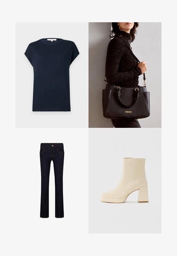 Námornícky modré tričko s krátkymi rukávmi vyrobené z mäkkej tkaniny. Disponuje okrúhlym výstrihom a zvinutými manžetami, s rovnými okrajmi na spodnej časti.; Tmavomodré rifľové nohavice so strihom na rovno, s žltým prešívaním, dizajnom na päť vreciek a kovovým zapínaním na páse.; Béžová kožená členková obuv s blokovým podpätkom a platformou, hladký povrch a mierne štvorcová špička, orientovaná doľava na bielom pozadí.; Čierna kabelka s textúrovaným povrchom, dvojitými hornými rúčkami a nastaviteľným ramenným popruhom. Obsahuje zlaté kovanie a bočné vrecká.