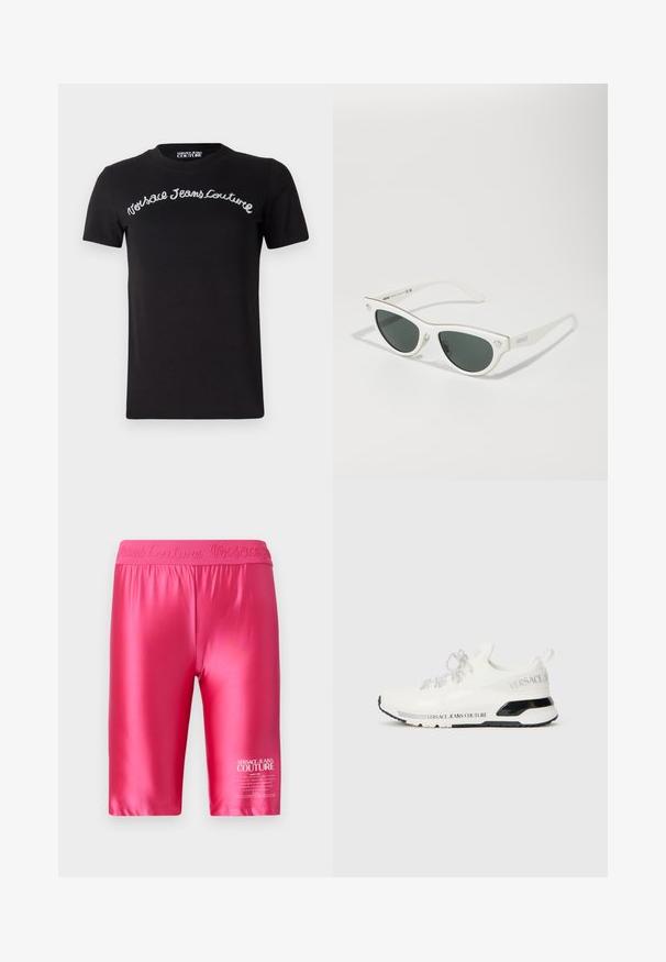 T-shirt de algodão preto com mangas curtas. Apresenta texto bordado em branco "Versace Jeans Couture" em estilo curvo na parte frontal.; Calções de cetim cor-de-rosa com uma cintura elástica, apresentando texto em relevo. O design inclui um logótipo branco e texto impresso na perna esquerda.; Sapatilha branca com parte superior em malha, detalhes em preto e atacadores refletivos. Apresenta a marca "VERSACE JEANS COUTURE" ao longo do lado da sola.; Óculos de sol brancos em formato de gato com lentes escuras, detalhes em dourado na armação e logotipo na lateral. Material plástico liso.