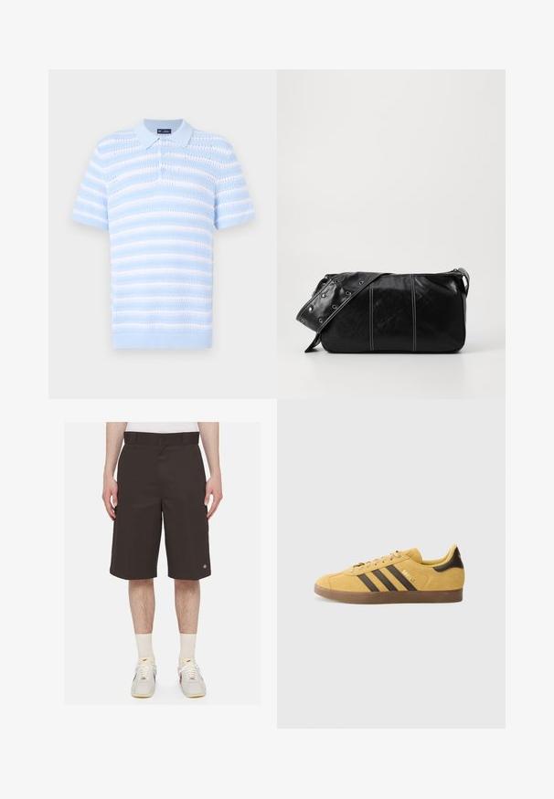 Světle modré polo tričko s krátkými rukávy, s horizontálními pruhy a strukturovaným vzorem. Knoflíková léga a žebrovaný detail límce.; Tmavě hnědé kraťasy vyrobené z odolné látky, mají rovný střih, délku do poloviny stehna a vyšívané logo na levé noze.; Žluté semišové tenisky s hnědými pruhy, gumovou podrážkou a polstrovaným límcem. Obsahují vyšívané logo na boku.; Černá kožená kabelka přes rameno se zapínáním na zip, s texturovaným tělem, bílým prošíváním a popruhem se stříbrnými očky.