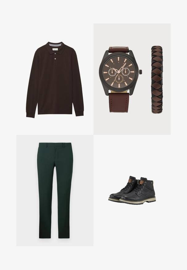 Tumšbrūnas kokvilnas polo krekls ar garām piedurknēm, ar apkakli, trīs pogu aizdari un baltu svītru akcentiem. Gluda tekstūra.; Tumši zaļi bikses ar taisnas kājas dizainu, izgatavotas no gludas auduma. Izvēles plakanā priekšpuse un standarta jostasvieta ar jostu cilpām.; Melnas ādas šņorējamās potīšu zābakus ar beigu gumijas zolēm, sānu rāvējslēdzēju un brūniem akcentiem uz apkakles un mēles.; Pier One SET - Pulkstenis - black/brown