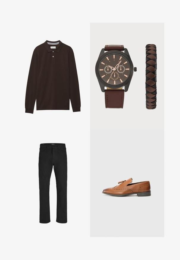 Dugi rukav polo majica od tamnosmeđeg pamuka, s ovratnikom, platom na tri dugmeta i bijelim prugastim detaljima. Glatka tekstura.; R.D.D. ROYAL DENIM DIVISION RDD - Traperice ravnih nogavica - black denim; Smeđe kožne cipele s perforiranim detaljima, teksturiranim stranicama, ravnim đonom i dekorativnom mašnom na gornjem dijelu. Klasičan dizajn s glatkom završnom obradom.; Pier One SET - Ručni sat - black/brown