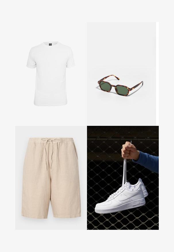 T-shirt blanche à manches courtes, en coton, avec un col rond et une texture lisse, conçue pour un usage décontracté.; Shorts en lin de couleur beige clair avec une taille élastique, un cordon de serrage réglable et des poches latérales. Texture lisse avec une coupe décontractée.; Baskets en cuir blanc avec perforations, à bout rond, semelle plate et lacets épais, arborant un logo swoosh visible et "AIR" sur le talon.; Lunettes de soleil en écaille de tortue avec des verres verts, présentant une forme octogonale et des branches minces et courbées. Le matériau a une finition brillante.