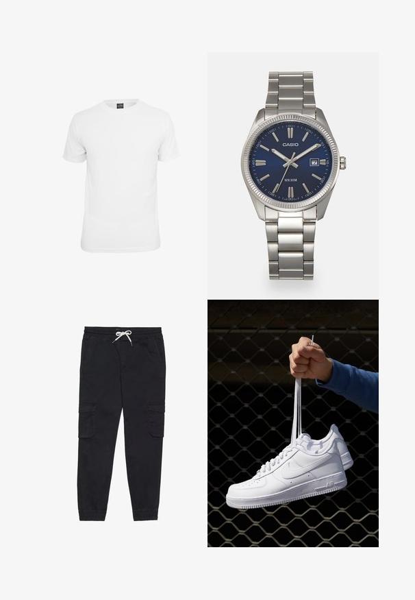 Bílé tričko s krátkým rukávem, vyrobené z bavlny, s klasickým výstřihem a hladkou texturou, určené pro volnočasové nošení.; Černé cargo kalhoty vyrobené z bavlny, s elastickým pasem na šňůrku, bočními kapsami a zúženými manžetami.; Bílé kožené tenisky s perforacemi, kulatou špičkou, plochou podrážkou a silnými tkaničkami, které mají viditelné logo swoosh a nápis "AIR" na patě.; Stříbrný nerezový náramkový hodinky s navy modrým ciferníkem, kovovými hodinovými značkami a oknem pro datum na hodině 3. Vodotěsné do 50 metrů.