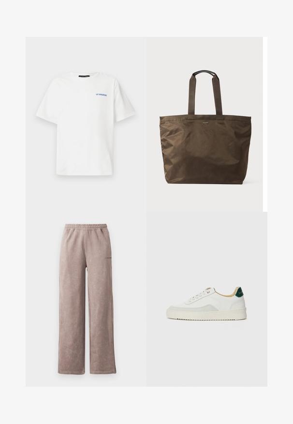 White cotton t-shirt with short sleeves, featuring blue text "LET BENJAMIN!" on the left chest area, standard crew neck design.; Light brown sweatpants with a soft, textured finish, wide leg design, elasticated waistband, and subtle logo detail on the side.; White sneaker with suede accents, rounded toe, flat laces, and a cream rubber sole. Features green branding on the heel.; Brown nylon tote bag with two fabric handles and a smooth texture. Features minimal branding on the front.