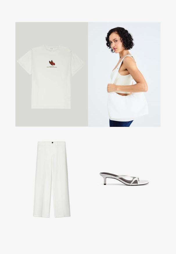 Witte katoenen t-shirt met een vlinderontwerp in rood en zwart, met daaronder de tekst "WINGS OF CHANGE GOOD THINGS ARE COMING".; Witte, wijde broek met een gladde textuur, voorzien van een sluiting met een knoop aan de voorkant en riemlussen, ontworpen voor een relaxte pasvorm.; Zilveren sandalen met een kruislings bandje, een gladde textuur en een spitse neus. De hak is ongeveer vijf centimeter hoog.; Witte schoudertas van glad materiaal, met een ovale uitsparing en breed riemontwerp. Eenvoudig en modern zonder zichtbare hardware.