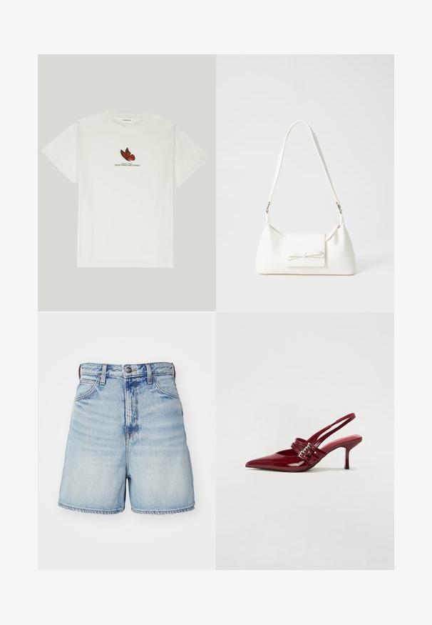 Balta medvilninė marškinėliai su raudonos ir juodos spalvos drugelio dizainu, o po juo parašyta "POKYČIŲ SPARNAI GEROS DALYKAI ARTĖJA".; Šviesiai mėlynos džinsinės šortai su aukštu liemeniu, su penkiomis kišenėmis, mygtuko uždarymu ir suplyšusiais kraštais. Lygi tekstūra su išblukusių vietų.; Raudoni blizgūs odiniai bateliai su atviru kulnu, smailiu nosiu, dviem užsegimais ir plonu, vidutinio aukščio stiletto kulnu. Lygus paviršius.; Balta sintetinė rankinė trikampio formos, plokščiu priekiu su užsegimu, kaspino detale, reguliuojama dirželiu, lygia tekstūra ir minimalistišku dizainu.