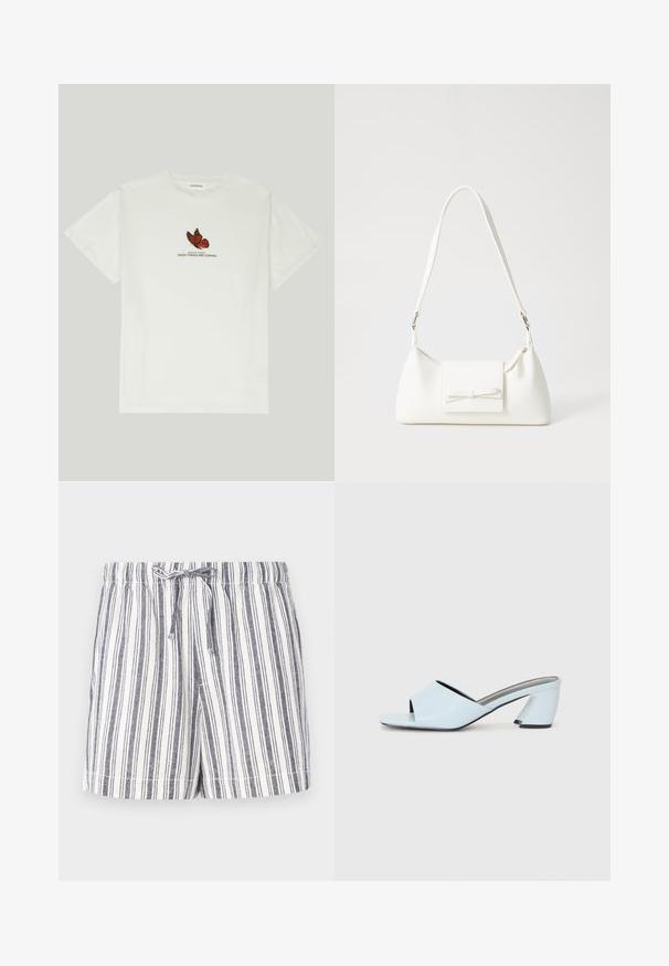 T-shirt en coton blanc avec un motif de papillon en rouge et noir, portant le texte "AILES DU CHANGEMENT DE BONNES CHOSES S'ANNONCENT" en dessous.; Shorts rayés blancs et navy, avec une taille à cordon, une coupe décontractée et un tissu doux et léger. Texture lisse et design décontracté.; Mules à talons ouverts bleu clair avec un design géométrique, dotés d'une large bride sur le pied et d'un talon épais et angulaire.; Sac à main synthétique blanc en forme triangulaire, avec un rabat avant plat et un détail en nœud, une bandoulière ajustable, une texture lisse et un design minimaliste.