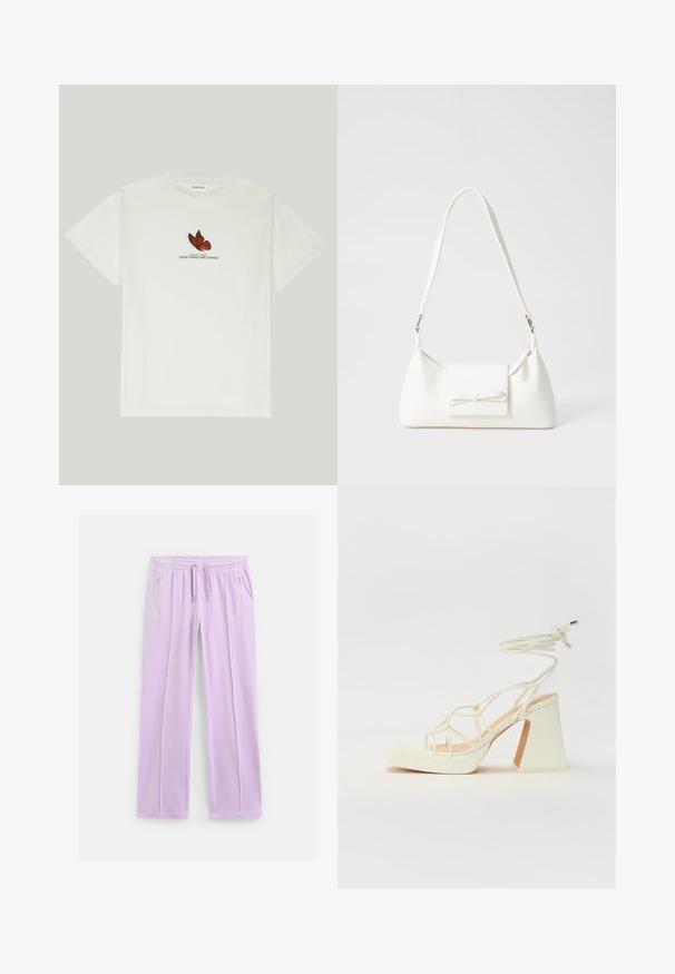 Balta medvilninė marškinėliai su raudonos ir juodos spalvos drugelio dizainu, o po juo parašyta "POKYČIŲ SPARNAI GEROS DALYKAI ARTĖJA".; Šviesiai violetinės tiesios laisvalaikio kelnės su elastine juosmens juosta, reguliuojamais raišteliais ir užtrauktukais užsegamomis šoninėmis kišenėmis.; Balti aukštakulniai sandalai su masyviu kulnu, su dirželių dizainu ir kulkšnies raiščiu. Lygi tekstūra su platforma priekyje, suteikianti papildomą aukštį.; Balta sintetinė rankinė trikampio formos, plokščiu priekiu su užsegimu, kaspino detale, reguliuojama dirželiu, lygia tekstūra ir minimalistišku dizainu.