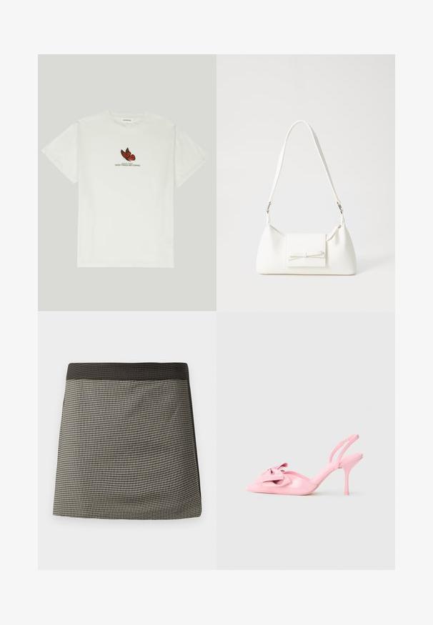 Fehér pamut póló, piros és fekete pillangó mintával, alatta a "A VÁLTOZÁS SZÁRNYAI, JÓ DOLGOK ÉRKEZNEK" felirattal.; Fekete és krémszínű kockás szoknya egyszínű fekete derékkal. Egyenes szabású, sima textúrájú és egységes minta jellemzi.; Rózsaszín lakkbőr slingback magassarkú cipők, hegyes orral, díszes masnival az elején, és karcsú stiletto sarokkal. Sima textúra.; Fehér szintetikus kézitáska, háromszög alakú, lapos előlap, masni részlettel, állítható pánttal, sima textúrával és minimalista dizájnnal.