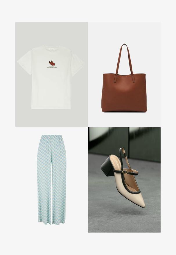 Biała bawełniana koszulka z motywem motyla w kolorach czerwonym i czarnym, z napisem "Skrzydła zmiany, dobre rzeczy nadchodzą" poniżej.; Jasnoniebieskie spodnie o szerokich nogawkach z kratkowanym wzorem w naprzemiennych odcieniach, z elastycznym pasem dla wygody.; Beżowy sandał na wysokim obcasie typu slingback z noskiem w szpic, czarną lamówką i detalem w postaci klamry. Gładki materiał o matowym wykończeniu, średni obcas w formie blokowej.; Brązowa skórzana torba tote o gładkiej fakturze, z otwartym wierzchem i dwoma ramiączkami. Charakteryzuje się minimalnym przeszyciem i brakiem widocznych elementów metalowych.