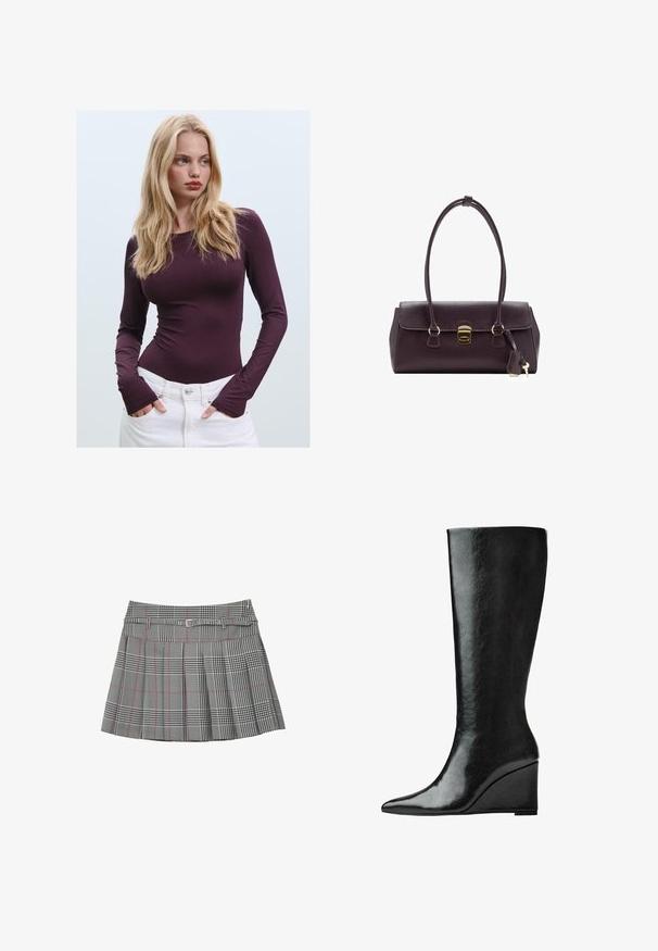 Haut ajusté bourgogne à manches longues avec un col rond et des ouvertures pour les pouces, associé à un pantalon blanc taille haute. Tissu lisse et texture extensible.; Jupe à carreaux gris avec des accents roses, design plissé, une taille avec passants de ceinture et une fermeture à boucle en argent à l'avant.; Bottes en cuir noires jusqu'aux genoux avec un bout pointu et un talon compensé. La surface est lisse avec une finition brillante.; Sac à main en cuir bordeaux au design structuré, avec de courtes poignées, un fermoir rectangulaire doré et un accent de pompon détachable.