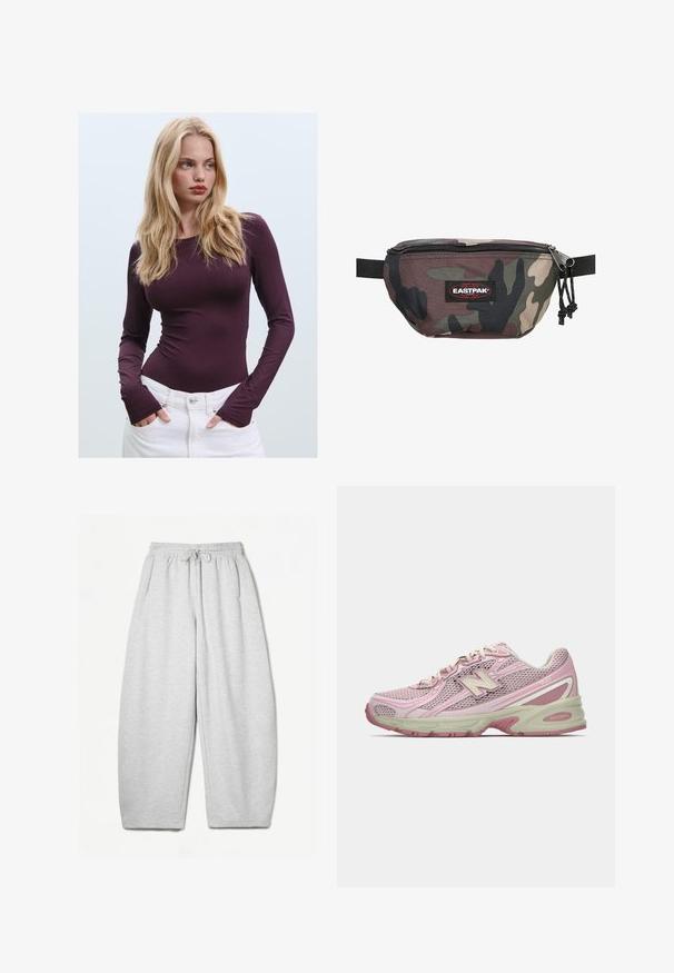Burgunderfarbenes, langärmeliges, tailliertes Oberteil mit Rundhalsausschnitt und Daumenschlitzen, kombiniert mit weißen hochtaillierten Hosen. Glatter Stoff und elastische Textur.; Hellgraue Sweatpants mit entspannter Passform, elastischem Bund, Kordelzug und seitlichen Taschen; aus weichem, strukturiertem Stoff gefertigt.; Rosa und beige New Balance 740 Sneaker mit Obermaterial aus Mesh und Synthetik, Schnürverschluss und gepolsterter Sohle, seitlich dargestellt.; Tarn-Multitasche aus strapazierfähigem Material, mit einem Reißverschluss, verstellbarem Gurt und einem roten Eastpak-Logo-Patch auf der Vorderseite.