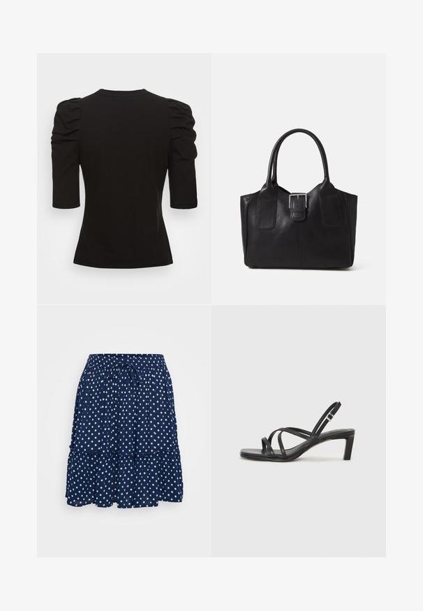 Vero Moda Tall VMEGAMAXI - Pamata T-krekls - black; T tumši zils, slāņots svārki, izgatavoti no viegla auduma, ar pildījuma punktiņu rakstu un regulējamu jostas vītu, lai nodrošinātu ērtu piegulšanu.; Melnas strappy sandales ar kvadrātveida purngaliem un zemu bloku papēdi. Ievērojamas ar vairākiem plāniem siksniņām un regulējamu potītes siksniņu. Izgatavotas no gludas ādas.; Melnas ādas somiņa ar gludu tekstūru, strukturētu formu, divām rokturām un izteiktu sudraba sprādzi priekšpusē.