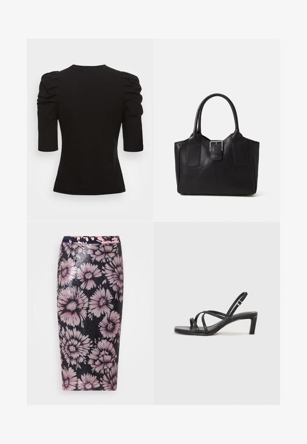 Vero Moda Tall VMEGAMAXI - Paprasti marškinėliai - black; Gėlių pieštuko forma sijonas su juodu pagrindu, puikuojantis rožinėmis ir baltomis gėlių raštais. Pagamintas iš blizgučių audinio, akcentuojantis tekstūrą ir dizainą.; Juodi šlepetės su kvadratiniu pirštu ir žemu bloku kulnu. Yra keli ploni dirželiai ir reguliuojamas kulkšnies diržas. Pagaminti iš lygios odos.; Juodas odinis nešiojamas krepšys su lygiu paviršiumi, struktūrine forma, dviem rankenėlėmis ir ryškiu sidabriniu sagties akcentu priekyje.