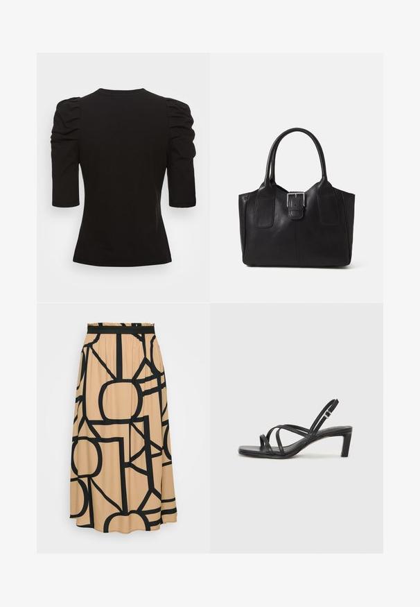 Vero Moda Tall VMEGAMAXI - Pamata T-krekls - black; Gara bežā svārku ar melnu ģeometrisku rakstu. Iekļauj elastīgu jostasvietu un gludu auduma tekstūru. Apaļa apakšmala.; Melnas strappy sandales ar kvadrātveida purngaliem un zemu bloku papēdi. Ievērojamas ar vairākiem plāniem siksniņām un regulējamu potītes siksniņu. Izgatavotas no gludas ādas.; Melnas ādas somiņa ar gludu tekstūru, strukturētu formu, divām rokturām un izteiktu sudraba sprādzi priekšpusē.; Sudraba divu joslu gredzens ar gludu, pulētu virsmu. Iezīmējas ar plūstošu, izliekta dizaina struktūru ar pārklājošām sekcijām modernam izskatam.
