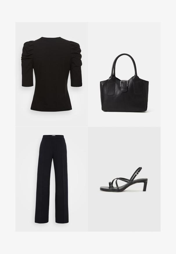 Vero Moda Tall VMEGAMAXI - Základné tričko - black; Čierne široké nohavice s hladkou textúrou, so zvýšeným pásom a detailmi stredného švu. Vyrobené z ľahkej látky.; Čierne sandále na vysokom podpätku so štvorcovou špičkou a nízkym blokovým podpätkom. Obsahujú viacero tenkých popruhov a nastaviteľný členkový popruh. Vyrobené z hladkej kože.; Čierna kožená taška s hladkou textúrou, štruktúrovaným tvarom, dvoma uchami a výrazným strieborným prackovým detailom na prednej strane.