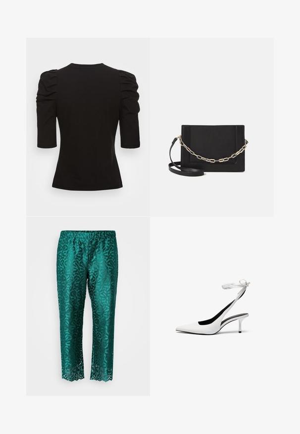 Vero Moda Tall VMEGAMAXI - T-shirt básica - black; Calças de renda verde-azulada com um padrão floral, corte solto, comprimento cropped, cintura elástica e detalhe de bainha em forma de onda.; Sapatos de salto alto brancos com biqueira fina e tiras de calcanhar. Material de couro liso, salto agulha fino e forro interior preto.; Bolsa crossbody de couro preto com uma textura suave, forma retangular e um detalhe em corrente metálica na frente. Inclui uma alça ajustável.